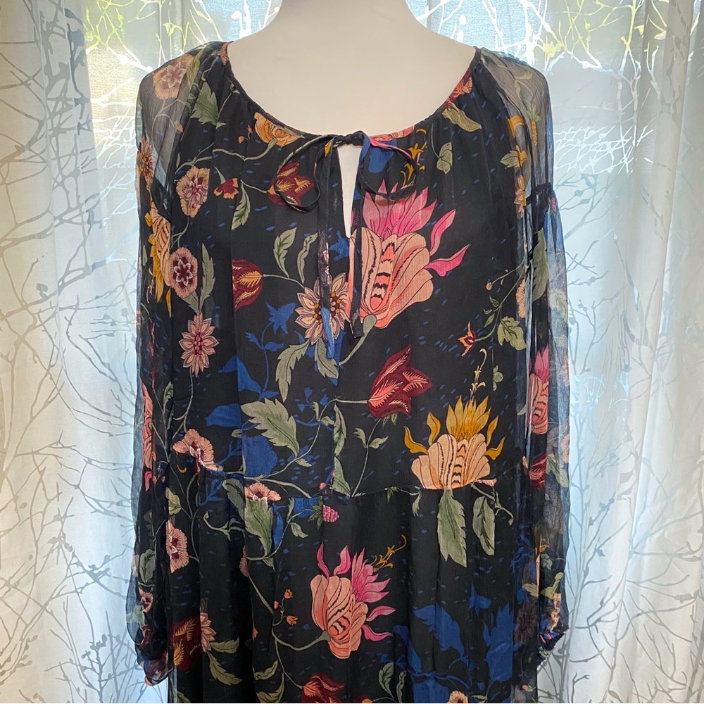 JOHNNY WAS NAVY BLUE GREEN FLORAL PRINT SILK SHEER LONG SLEEVE TAURI MAXI DRESS - Picture 8 of 13